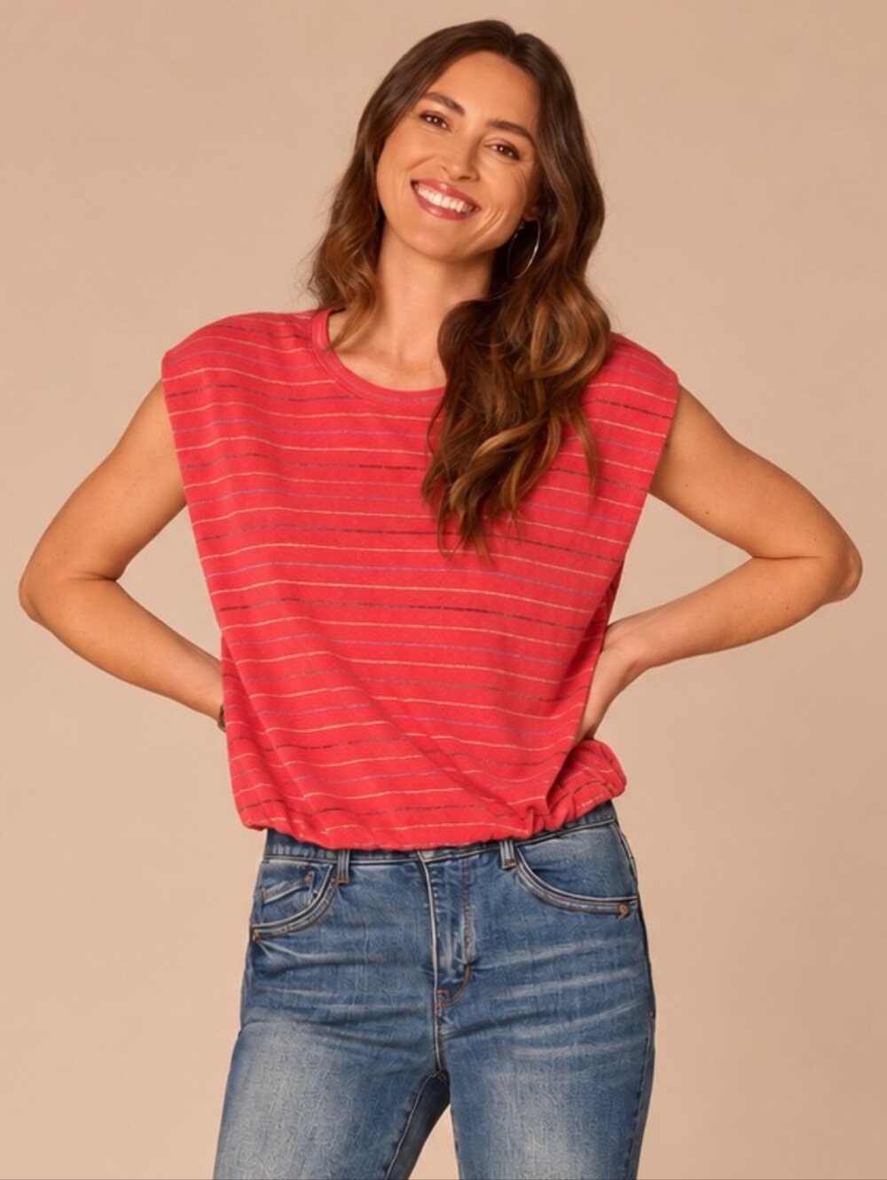 NWT Democracy Deep Coral Metallic Stripe Linen Blend Origami Sleeve Top Large